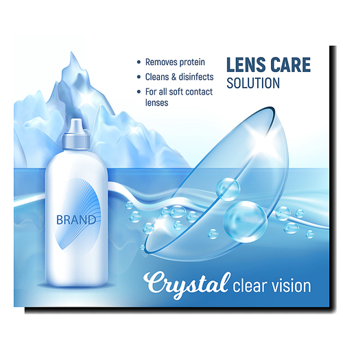 Crystal Clear Vision Advertising Banner Vector. Contact Lens In Crystal Water With Bubble, Blank Liquid Bottle And Iceberg On Background. Eyesight Care Equipment Template Realistic 3d Illustration