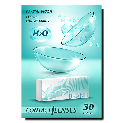 Contact Lenses Creative Advertising Poster Vector. Medical Optical Glass Lenses For Correct Vision, Blank Package And H2o Bubbles. Eyesight Correction Tool Concept Layout Realistic 3d Illustration