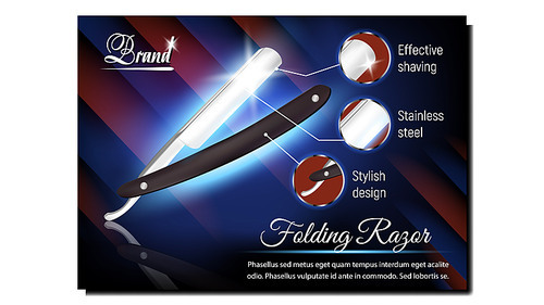 Folding Razor Barber Tool Advertise Poster Vector. Dangerous Iron Razor Instrument. Stylish Design, Effective Shaving And Stainless Steel. Hairdresser Barbershop Equipment 3d Illustration