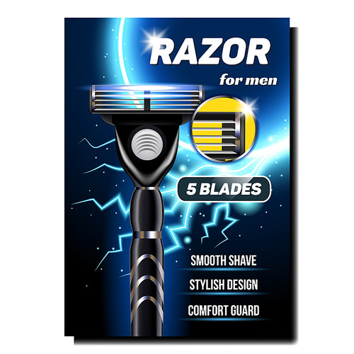 Razor For Men Creative Advertising Poster Vector. Steel Shaving Razor For Face. Smooth Shave, Stylish Design And Comfort Guard. Personal Facial Care Hygiene Concept Template 3d Illustration