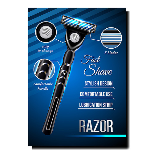 Razor For Shave Creative Advertising Banner Vector. Metal Safety Razor Stylish Design, Comfortable Use And Lubrication Strip. Personal Facial Care Hygiene Colorful Concept Template 3d Illustration