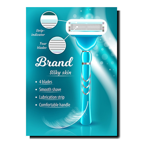 Brand Shaving Razor Advertising Poster Vector. Silky Skin Razor Tool With Blade, Lubrication Strip And Comfortable Handle For Smooth Shave. Hygiene Equipment Color Concept Template 3d Illustration