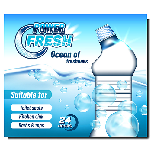 Fresh Power Cleaner Advertising Banner Vector. Blank Cleaner Plastic Bottle Ocean Of Freshness. Chemical Liquid For Toilet Seats, Kitchen Sink, Baths And Taps. Mockup Realistic 3d Illustration