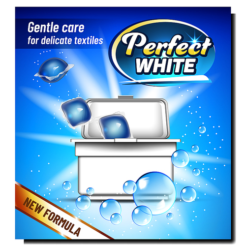 Perfect White Wash Powder Advertise Banner Vector. Cubes Of Washing Powder In Blank Plastic Box. Gentle Care For Delicate Textiles Laundry Machine In Box Package. Template Realistic 3d Illustration