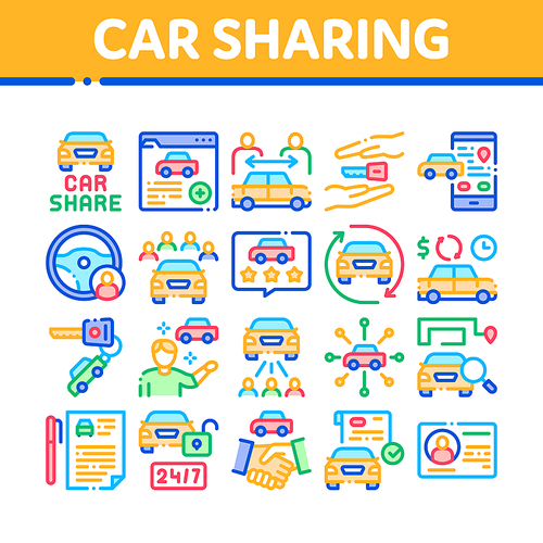 Car Sharing Business Collection Icons Set Vector. Car Share Deal And Agreement, Web Site And Phone Application, Key And Driver License Concept Linear Pictograms. Color Illustrations