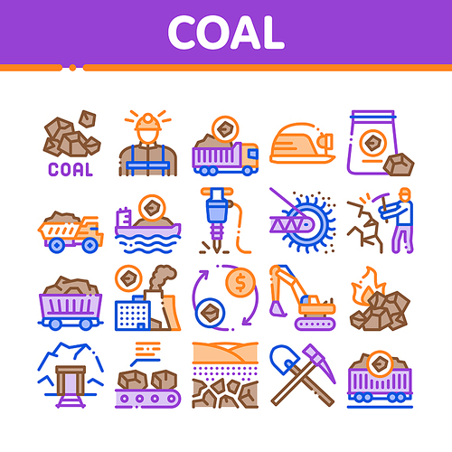 Coal Mining Equipment Collection Icons Set Vector. Coal Truck Delivery And Conveyer, Helmet And Jackhammer, Excavator And Factory Concept Linear Pictograms. Color Illustrations