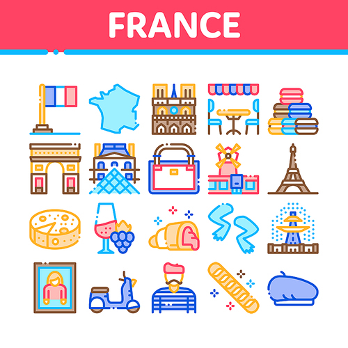 France Country Travel Collection Icons Set Vector. France Flag And Triumphal Arch, Eiffel Tower And Moulin Rouge, Cheese And Croissant Concept Linear Pictograms. Color Illustrations