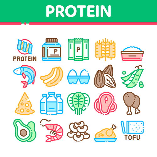 Protein Food Nutrition Collection Icons Set Vector. Bottle And Package With Protein, Fish And Chicken Meat, Milk And Cheese Concept Linear Pictograms. Color Illustrations