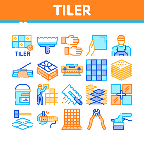 Tiler Work Equipment Collection Icons Set Vector. Tiler Rectangular Notched Trowel And Electrical Tile Cutter, Level Tool And Grinder Concept Linear Pictograms. Color Illustrations