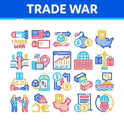 Trade War Business Collection Icons Set Vector. Trade War Bomb And Rocket, Usa And China Economy Fighting, Dollar Vs Yuan Concept Linear Pictograms. Color Illustrations