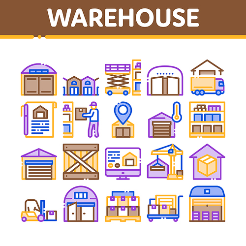 Warehouse And Storage Collection Icons Set Vector. Warehouse Building And Construction, Wooden Box And Loader Car, Crane And Truck Concept Linear Pictograms. Color Illustrations