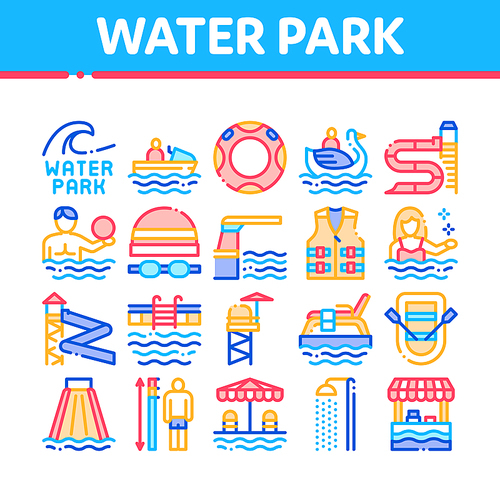 Water Park Attraction Collection Icons Set Vector. Swimming Wear And Equipment, Life Jacket And Lifebuoy, Boat And Water Park Pool Concept Linear Pictograms. Color Illustrations
