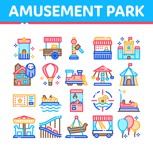 Amusement Park And Attraction Icons Set Vector. Castle And Train, Electrical Car And Boat, Ticket And Air Balloon Attraction Collection Concept Linear Pictograms. Color Illustrations
