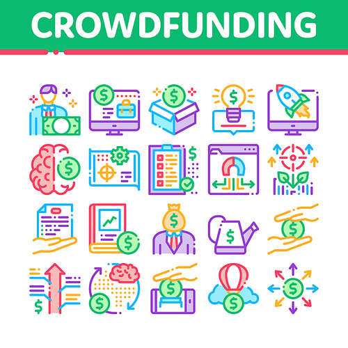 Crowdfunding Business Collection Icons Set Vector. Crowdfunding Financial Web Site And Book, Dollar Banknote And Coin, Brain And Box Concept Linear Pictograms. Color Illustrations