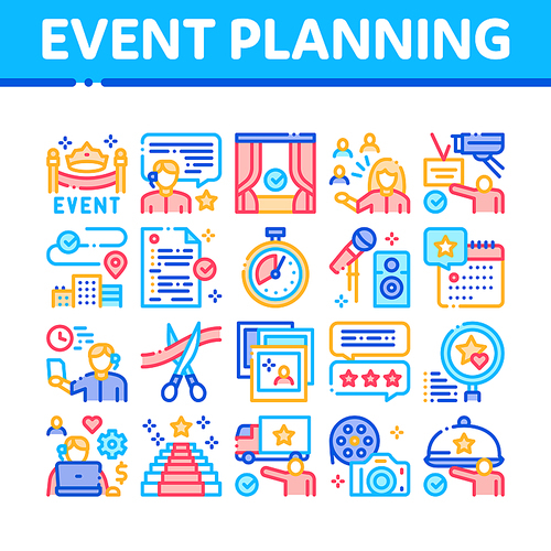 Event Party Planning Collection Icons Set Vector. Planning Travel And Delivery, Concert And Theater, Calendar, Photo Cards And Stopwatch Concept Linear Pictograms. Color Illustrations