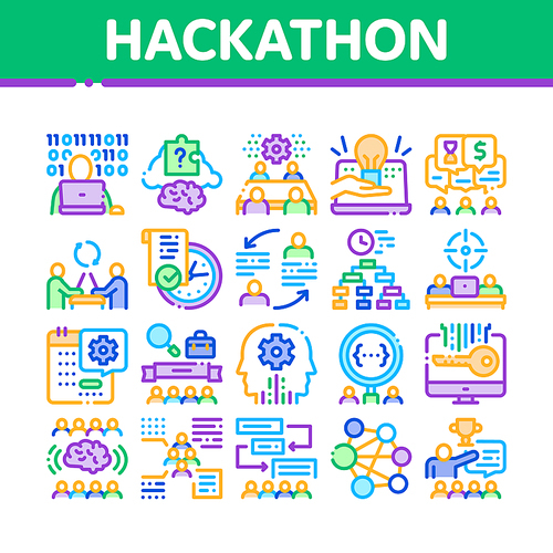 Hackathon Development Collection Icons Set Vector. Hackathon Business, Developer Coding And Brainstorm, Meeting And Idea Concept Linear Pictograms. Color Illustrations