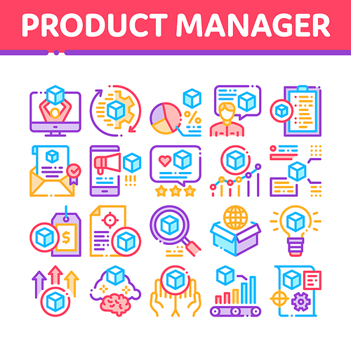 Product Manager Work Collection Icons Set Vector. Product Manager Business Idea And Price, Web Site And Research, Checklist And Analysis Concept Linear Pictograms. Color Illustrations