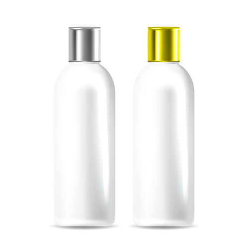 Shampoo Or Body Conditioner Bottle Set Vector. Collection Of Blank Tuba For Medical Skincare And Cosmetic Lotion Bottle Cream With Silver And Golden Cap. Package Mockup Realistic 3d Illustrations
