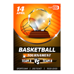 Basketball Sport Competition Flyer Banner Vector. Basketball Game Ball And Award Trophy For Winner Team On Advertise Poster. Athletic Field Match Event Colorful Concept Template Illustration