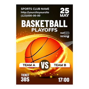 Basketball Sport Promotional Flyer Poster Vector. Basketball Game Ball On Bright Advertising Announcement Banner. Stadium Playing Team Match Event Colored Concept Layout Illustration