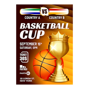 Basketball Sport Champion Cup Flyer Poster Vector. Game Ball And Golden Cup For Winner In Champion League. Creative Promotion Banner Regional Or National Tournament Concept Mockup Illustration