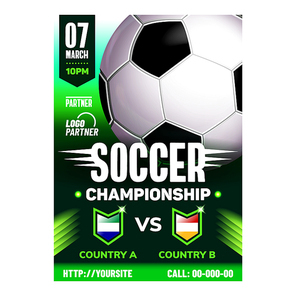 Soccer Sport Championship Final Game Poster Vector. Soccer Gaming Ball On Advertising Promotion Banner. Active Football Player Kicker Sportlife Style Colorful Concept Mockup Illustration