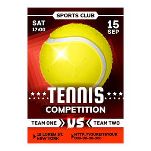 Tennis Sport Club Creative Advertise Poster Vector. Playing Tool Racket And Hitting Yellow Ball Tennis Match On Banner. Athletic Professional Serving Game Concept Template Colored Illustration