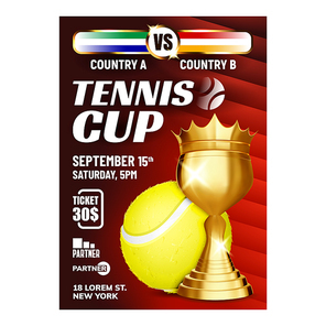 Tennis Champion Win Cup Bright Flyer Banner Vector. Tennis Ball And Gold Metal World Cup For Player Winner Championship. Racket Game On Court Pitch Promotion Concept Mockup Illustration