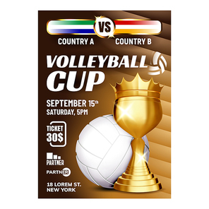 Volleyball Sport Champion Cup Award Poster Vector. Volleyball Ball And Golden Mug Trophy For Winner Championship. Jumping And Hitting Sportsman Fun Game Promotion Banner Concept Mockup Illustration