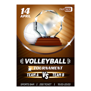 Volleyball Sport Announcement Flyer Banner Vector. Volleyball Leather Ball And Trophy Reward For Winner Team. Athlete Gym Match Event, Sportive Fitness Game Colorful Concept Template Illustration