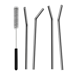 reusable steel  straw and brush set vector. aluminum straw bar equipment for drink alcoholic beverage from glass. small pipe metal color accessory template realistic 3d illustrations