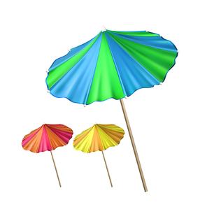 Umbrella Tool For Decorate Cocktail Set Vector. Umbrella Collection Of Different Color Ornamental Exotic Tropical Drink Juice. Recycling Material Parasol Template Realistic 3d Illustrations