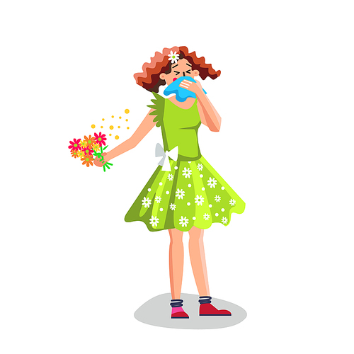 Allergy Woman Sneezing In Handkerchief Vector. Allergy Young Girl Blowing In Napkin, Allergic Reaction Of Immune System On Seasonal Flowers Bouquet. Character Flat Cartoon Illustration