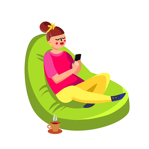 Girl Sitting In Beanbag And Using Cell Phone Vector. Happy Smiling Young Woman Sit In Beanbag With Smartphone And Coffee Cup. Character In Comfortable Fluffy Chair Flat Cartoon Illustration