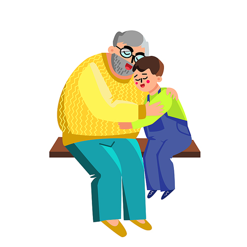 Grandfather Hugging Grandson On Branch Vector. Affectionate Happy Elderly Senior Grandfather Cuddling Grandchild. Grandparent And Boy. Smiling And Enjoying Characters Flat Cartoon Illustration