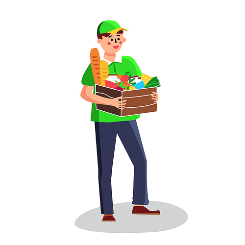 Delivery Man With Products Nutrition In Box Vector. Smiling Delivery Boy With Food In Package Delivering Vegetable, Fruit And Baguette Bread. Courier Service Character Flat Cartoon Illustration