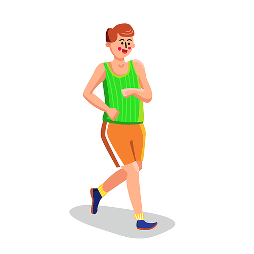 Man Jogging Or Running Sport Exercising Vector. Boy Dressed In Sportswear Jogging, Athletic Sportive Exercise Marathon Run. Character Healthy Active Lifestyle Flat Cartoon Illustration