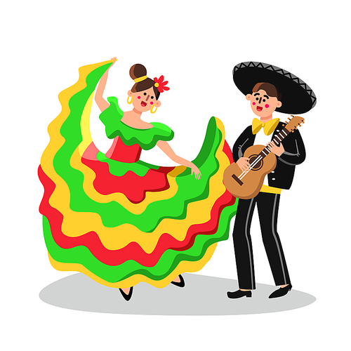 Mariachi Man Musician And Woman Dancing Vector. Girl Dance On Mexican Holiday Fiesta Party in Dress And Boy Mariachi Playing On Guitar In Sombrero And Suit. Characters Flat Cartoon Illustration