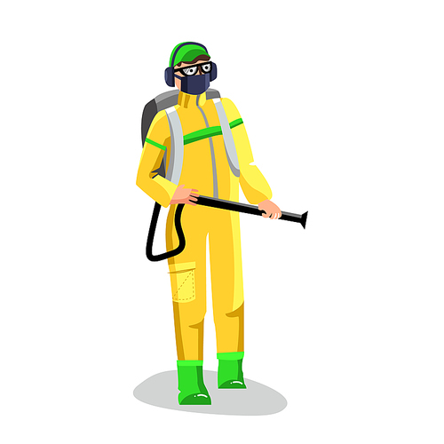 Agricultural Worker Spraying Pesticide Vector. Man In Special Suit And Facial Mask With Professional Equipment For Spray Pesticide Or Insecticide. Character, Chemical Liquid Flat Cartoon Illustration