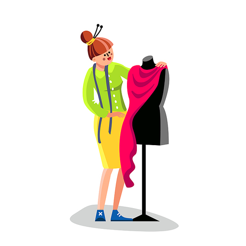 Seamstress Woman Sewing Clothing Or Dress Vector. Profession Seamstress Girl Design Fabric Cloth On Mannequin. Happy Smiling Character Textile Worker Dressmaker Flat Cartoon Illustration