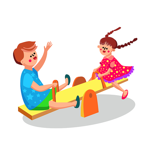 Children Playing On Seesaw Teeterboard Vector. Kids Play On Wooden Seesaw Playground. Happy Smiling Characters Friends Or Brother And Sister Funny Time Enjoy Flat Cartoon Illustration