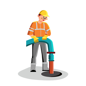 Sewer Cleaning Man Worker Plumbing Service Vector. Professional Plumber In Special Clothes Uniform Holding Canalization Tube And Sewer Cleaning. Character Working Flat Cartoon Illustration