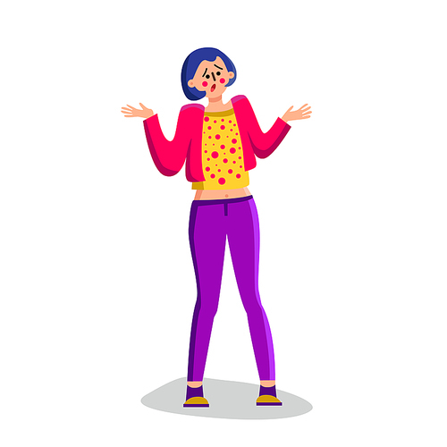 Shrugging Shoulders Confused Young Woman Vector. Confusion Pensive Unsure Girl Shrugging, Expression, Gesture And Reaction. Uncertainty Surprised Character Shrug Flat Cartoon Illustration