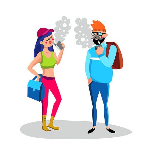 Man And Woman Vape Electronic Cigarette Vector. Boy And Girl Hipster Smoking Vaping Gadget Vape, Human With Vaporizer Device. Characters With Flavor Vapor Steam Flat Cartoon Illustration