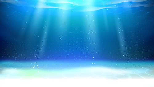 Underwater Aquarium Sunlight And Bubbles Vector. River Underwater Illuminated Bottom, Rippled And Reflection Water. Tranquil Waterscape Scene With Shine Light Rays Template Realistic 3d Illustration