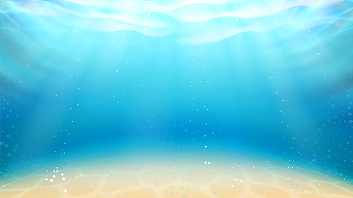 Underwater Ocean Sandy Bottom And Sunrays Vector. Peaceful Ocean, Lagoon Or Lake Pure Water With Sand Seabed, Bubbles And Sun Shining Rays. Natural Space Layout Realistic 3d Illustration