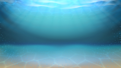 Underwater Sea Sandy Bottom And Bubbles Vector. Diving Underwater Seascape. Purity Undersea Water, Aquatic Waterscape Abyss With Sand And Sunshine Light Layout Realistic 3d Illustration