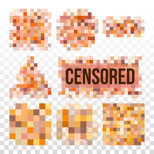 Censored Nudity Prohibition Pixels Set Vector. Collection Of Colorful Rectangle, Triangle, Square And Round Shape Design Censored Blurred Texture Bar. Censorship Content Control Flat Illustrations