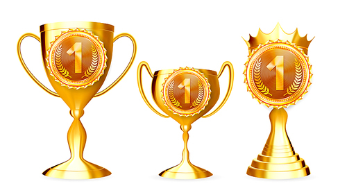Champion Golden Cups Award Collection Set Vector. Shiny Gold Material Sport Trophy Award With Number One For Championship Winner In Different Form. Concept Template Realistic 3d Illustrations