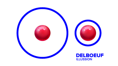 Optical Delboeuf Illusion Balls In Round Vector. Visual Illusion With Smaller Or Bigger Glossy Red Shiny Spheres In Blue Frame. Different Size Effect Of Titchener Circles Realistic 3d Illustration
